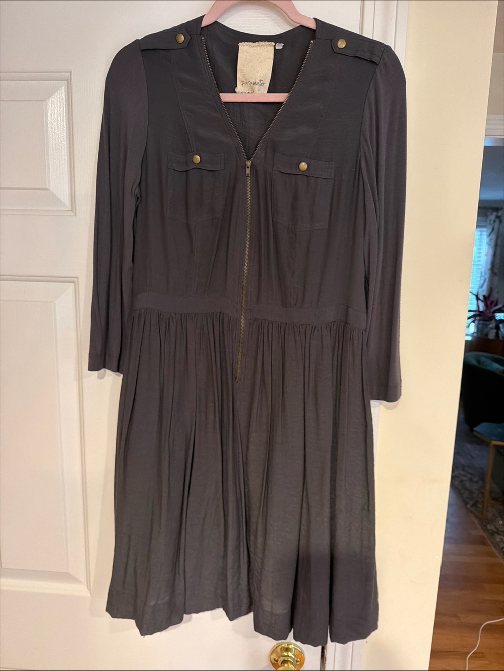 Anthropologie Parameter Women’s Dark Gray Button-Accent Zip Front Dress